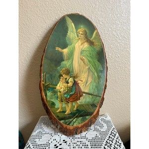 Vintage Lindberg Heilise Schutzengel Tree Slice Plaque